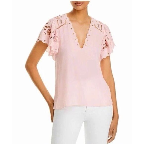 RAMY BROOK Rochelle V neck Eyelet Flutter Sleeve Blouse Top Pink Sz L NWT $345